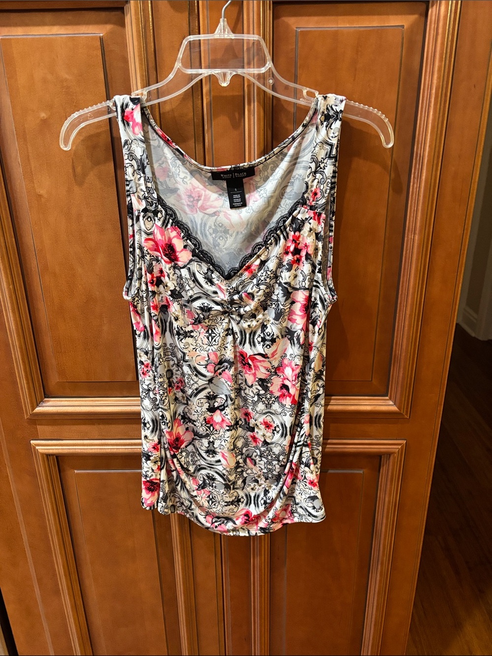 White House Black Market Floral Cowl Neck Tank Top - Pink/Black/Cream